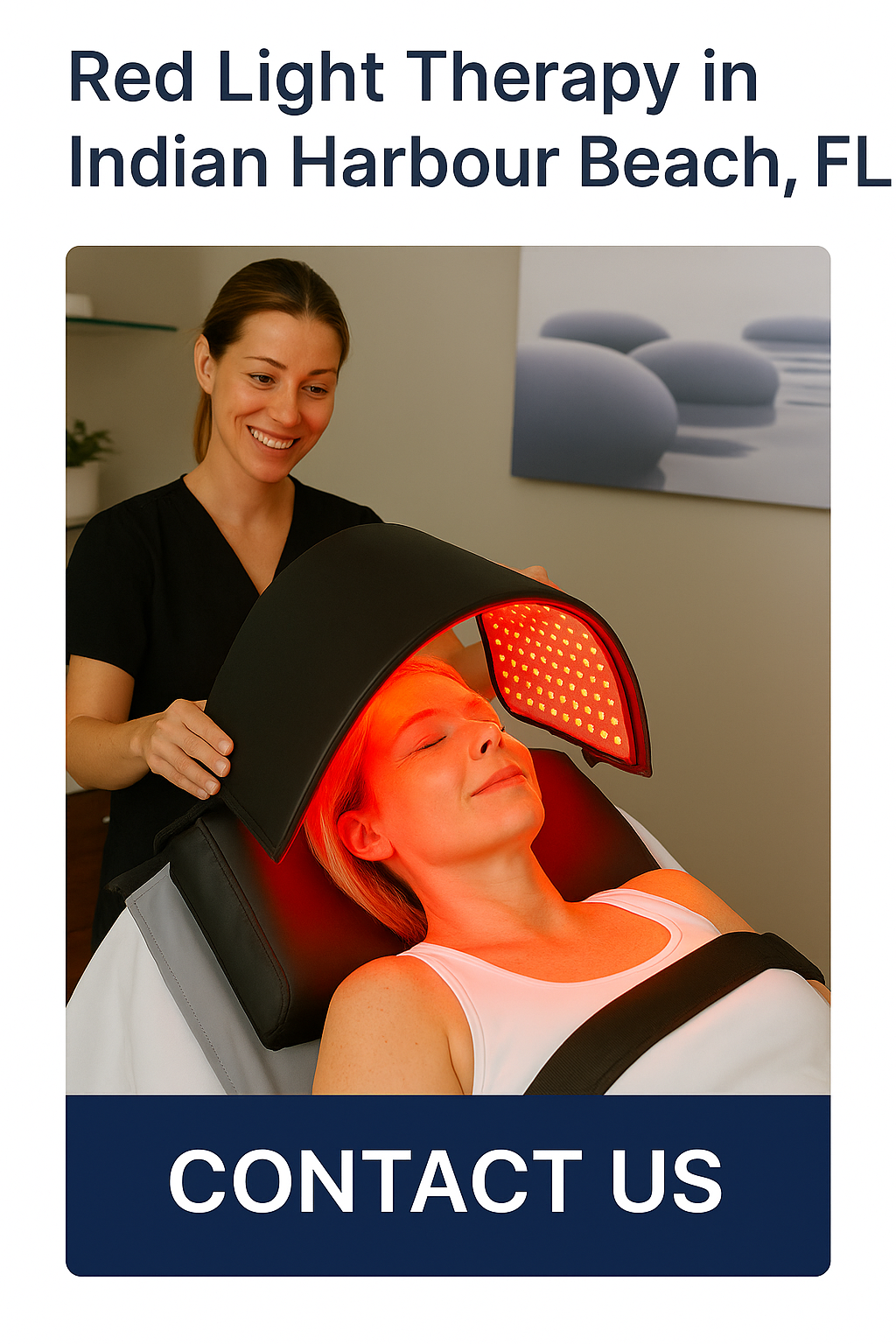 A smiling practitioner administers red light therapy using a curved LED panel over a relaxed female patient at Restore Wellness Center in Indian Harbour Beach, FL, illustrating non-invasive pain relief in a spa-like clinical environment.