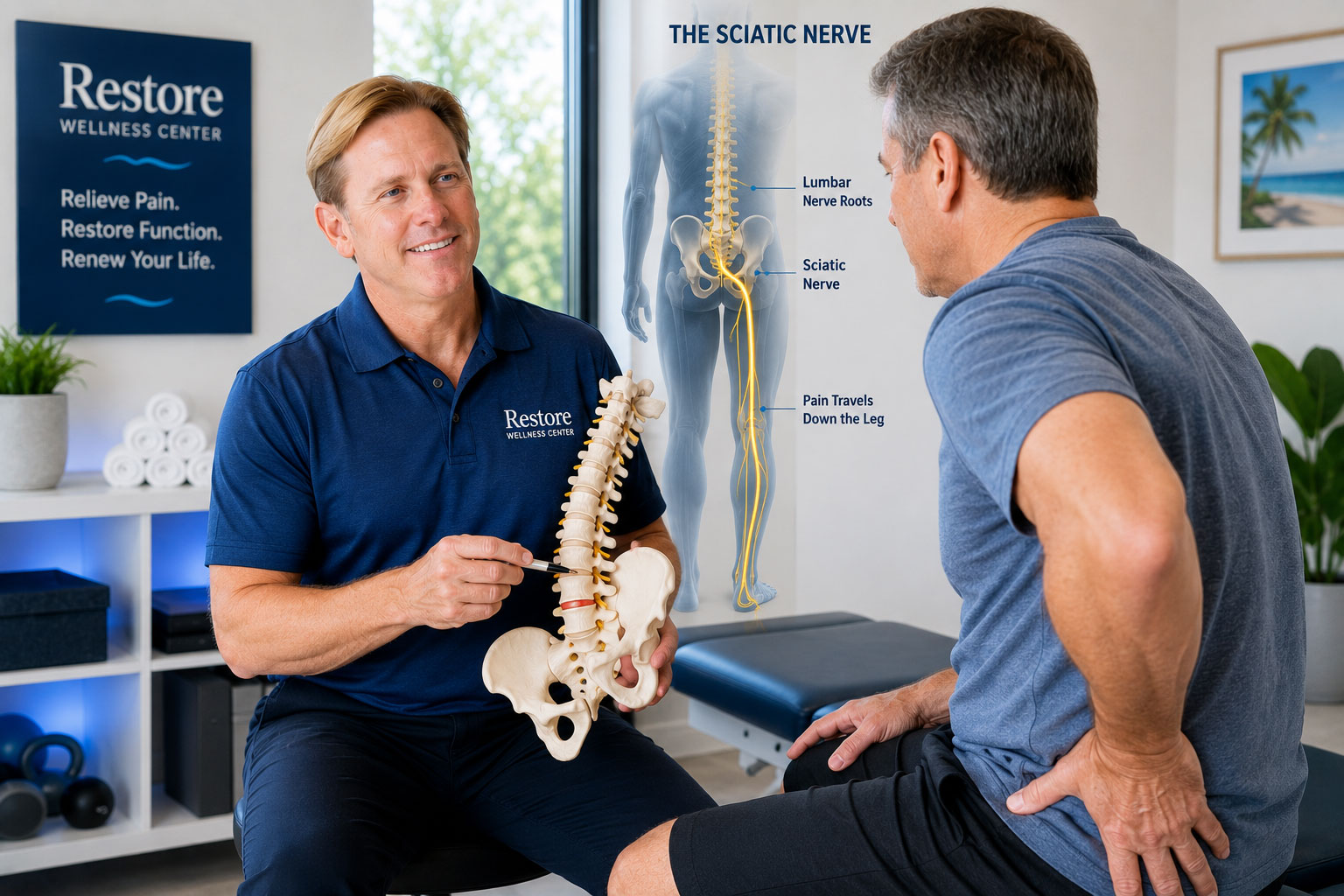 Dr. Jim Claeys explaining the sciatic nerve and radiating leg pain to a patient at Restore Wellness Center in Melbourne, Florida.