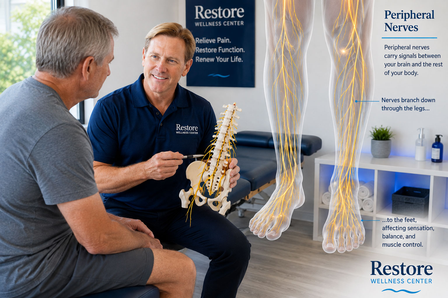 Can-Chiropractic-Help-Neuropathy-Symptoms-Restore-Wellness-Center-Melbourne-FL Dr. Jim Claeys explaining peripheral neuropathy and nerve symptoms in the feet to a patient at Restore Wellness Center in Melbourne, Florida.